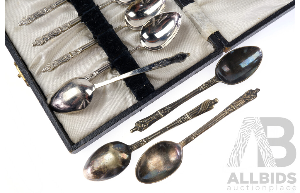 Vintage Silver Plate Set of Five Apostle Teaspoons Along with Another Three Different Silver Plate Apostle Spoons in Case