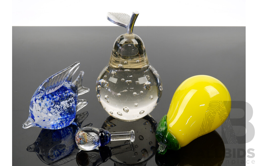 Collection Four Studio Art Glass Pieces Including Two Pears, Angel Fish and More