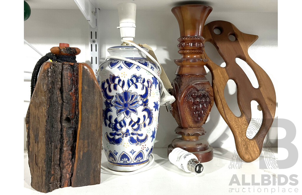 Chinese Style Ceramic Lamp Base, Hand Made Novelty Hardwood Bottle and Wooden Carved Vase