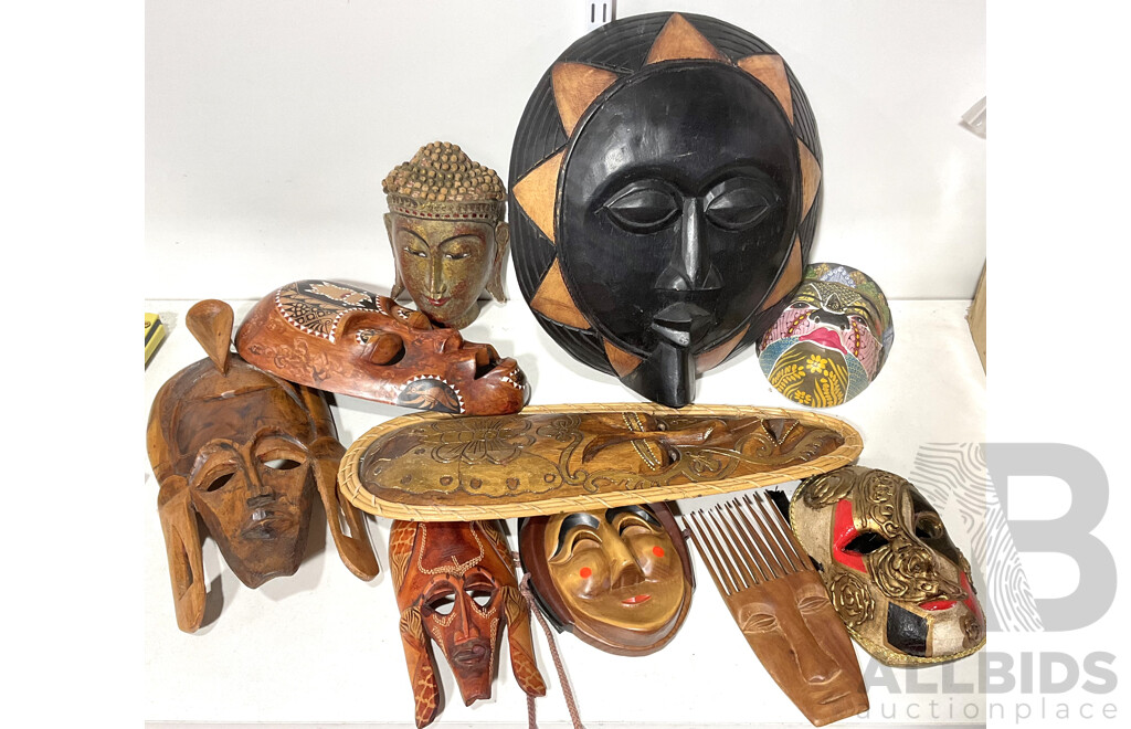 Collection Ten Hand Made Asian and African Wooden Souvineer Masks