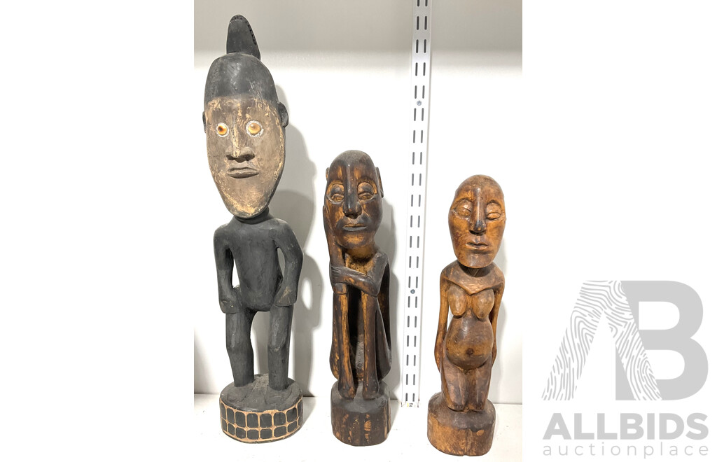 Collection Three Hand Made PNG Wooden Souvineer Figures Including One with Cowrie Eye Detail