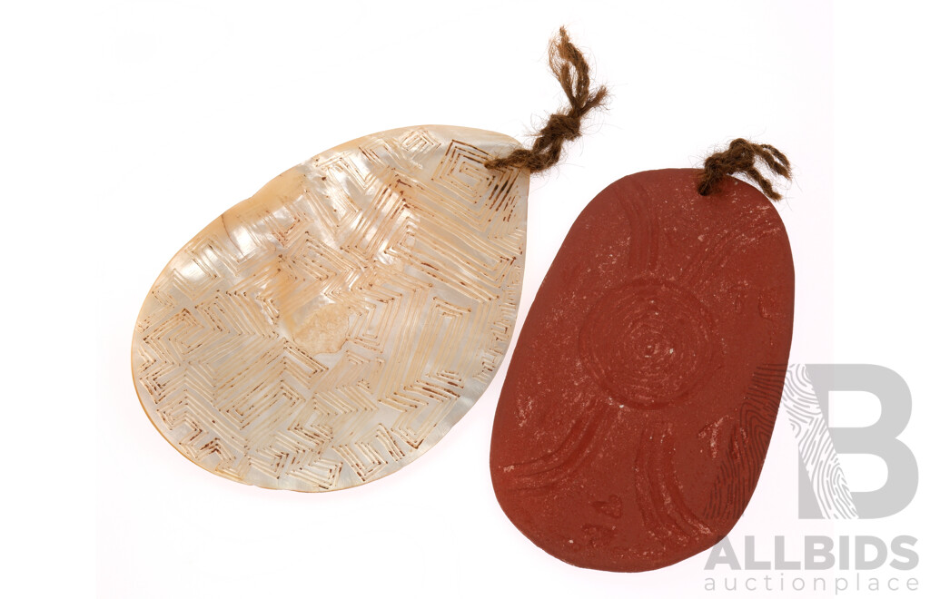Hand Carved Mother of Pearl Shell Riji Rainmakeing Jakuli Pendent Along with Hand Carved Red Desert Stone
