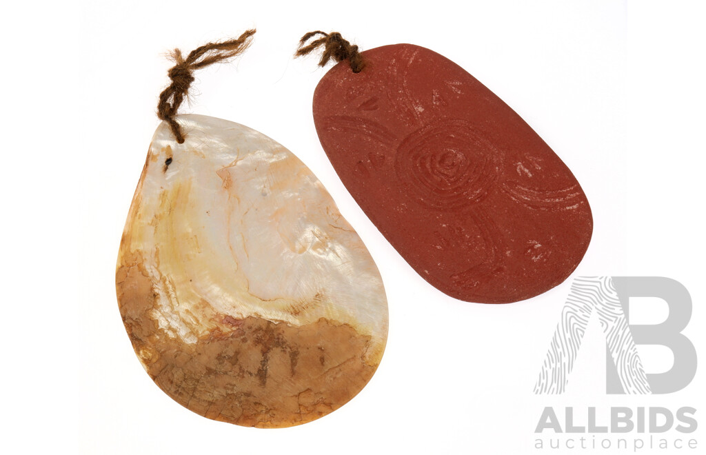 Hand Carved Mother of Pearl Shell Riji Rainmakeing Jakuli Pendent Along with Hand Carved Red Desert Stone