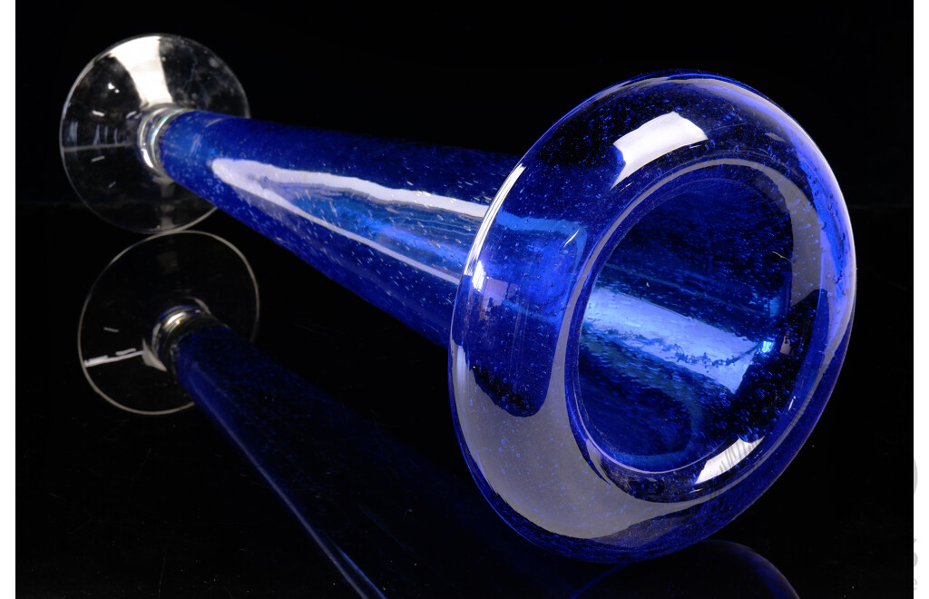 Large Hand Made Trumpet Form Glass Vase with Stretched Controlled Internal Bubble