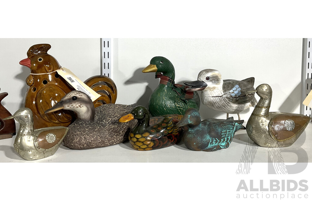 Collection Duck Figures in Various Mediums Including Terracotta, Ceramic, Wooden Kookaburra and More
