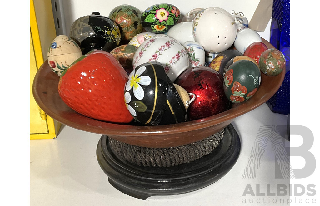 Hand Made Indonesian Pottery Bowl on Stand with Collection Decorative Items Including Ceramic, Wooden Examples and More