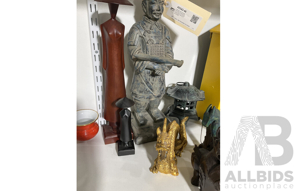 Collection Asian Souvineerware Items Including Bronze Look Figure, Two Wooden Coolie Figures, Metal Lantern and More