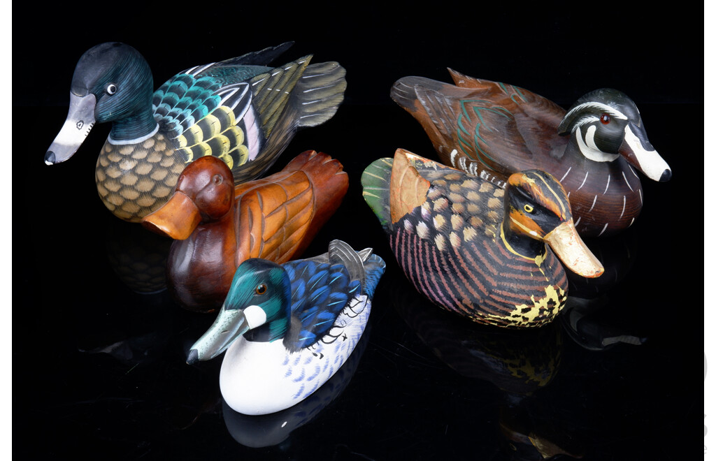 Collection Four Hand Painted Duck Decoy Models, Contemporary