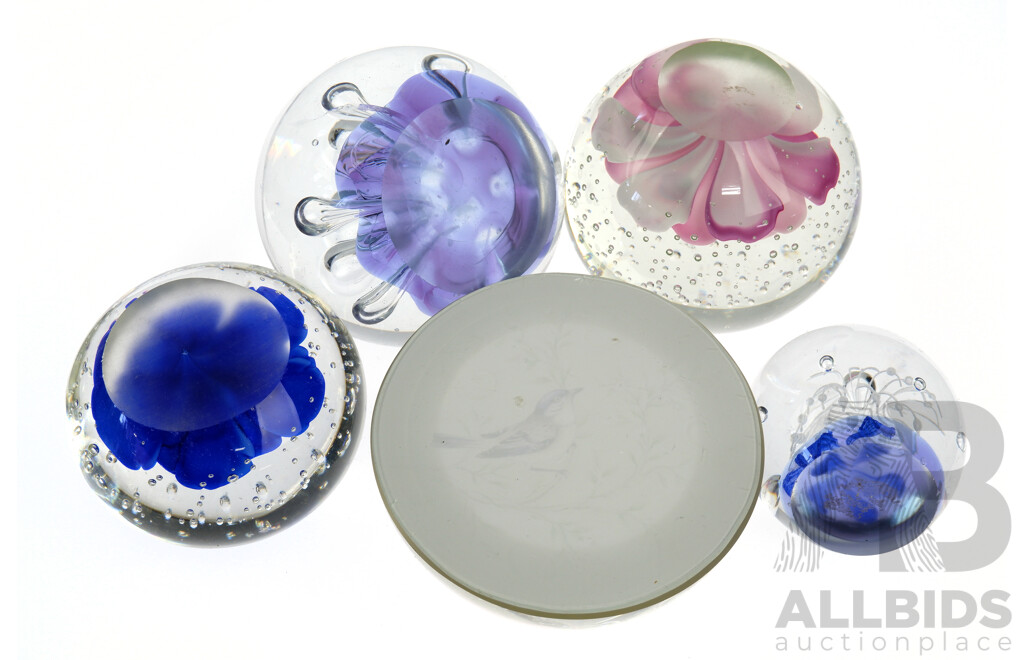 Collection Glass Paperweights Including Floral and Bubble Examples