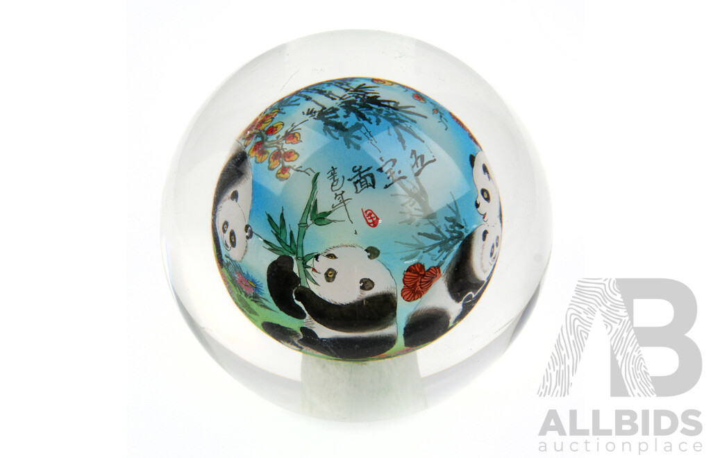 Glass Bauble with Intricate Reverse Painted Chinese Panda Scene