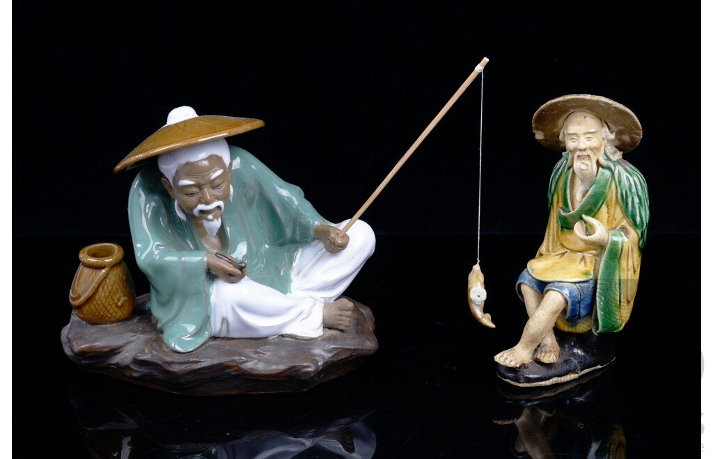 Two Chinese Mudman Fisherman Figures, One Example with Makers Marks to Base