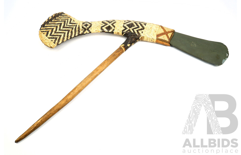 Hand Made Mount Hagen PNG Ceremonial Axe with Woven Cane Handle and Green Stone Head