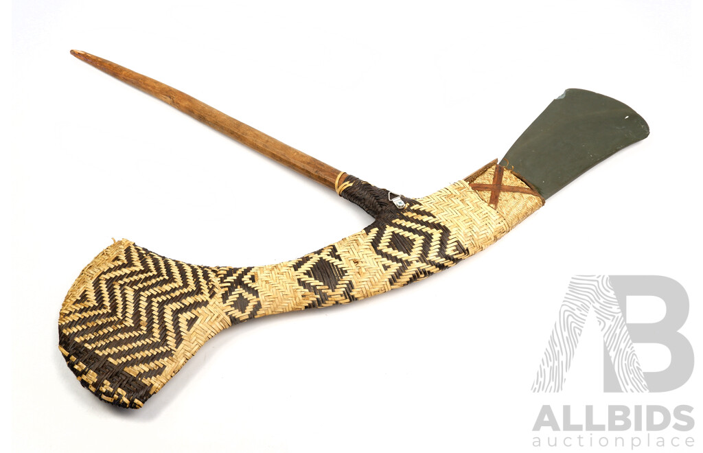 Hand Made Mount Hagen PNG Ceremonial Axe with Woven Cane Handle and Green Stone Head