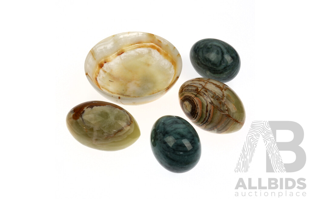Two Green Onyx Eggs with Bowl and Two Other Marble Eggs