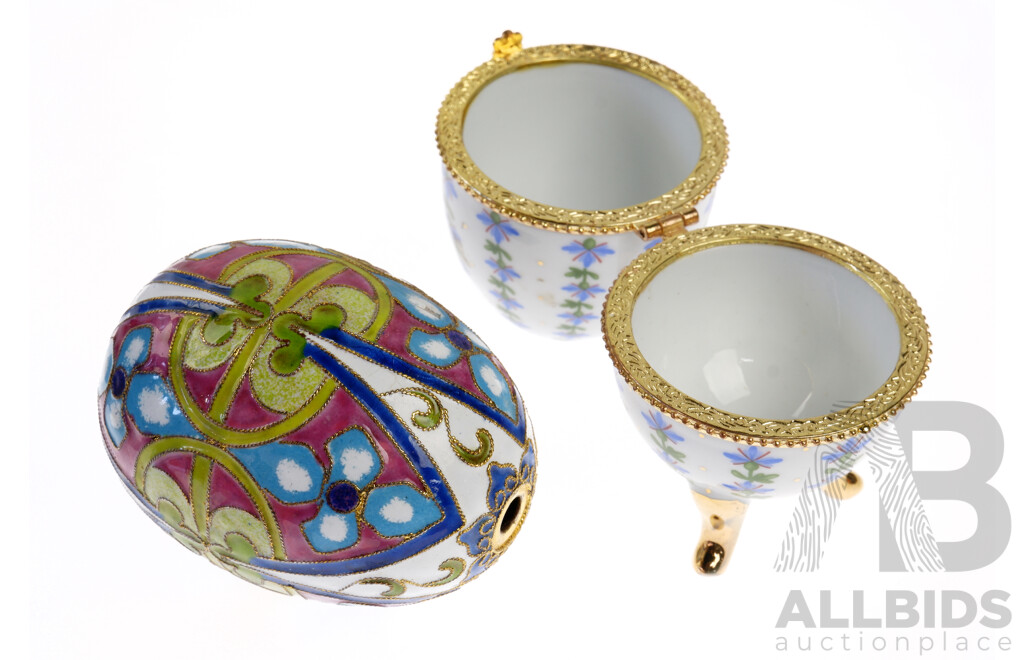Hand Painted Porcelain Lidded Egg Marked Limoges Along with Enamel Decorated Egg Form