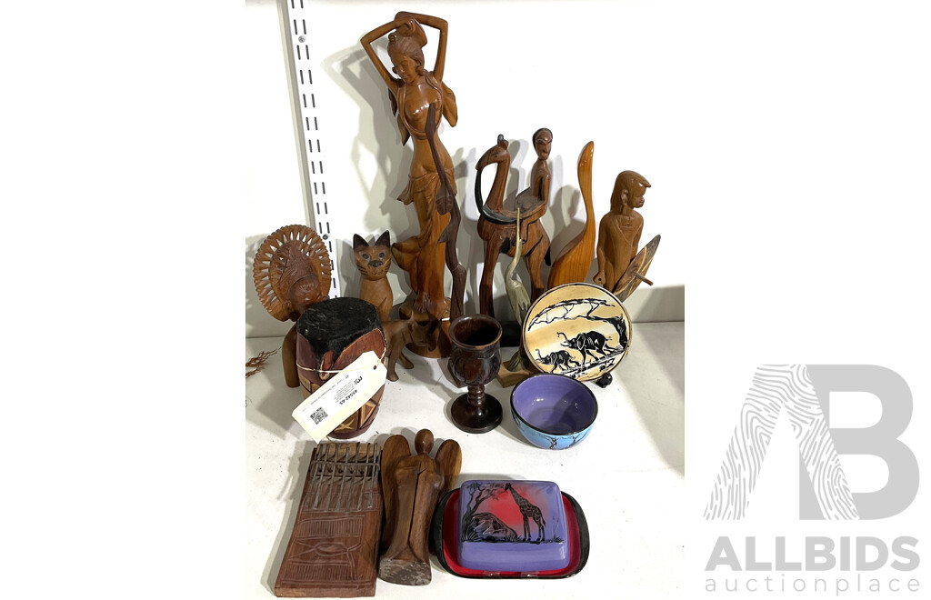 Collection Hand Carved Wooden, Ceramic & Other African and Asian Souvineer Ware Pieces Including Horn Crane Figure and More