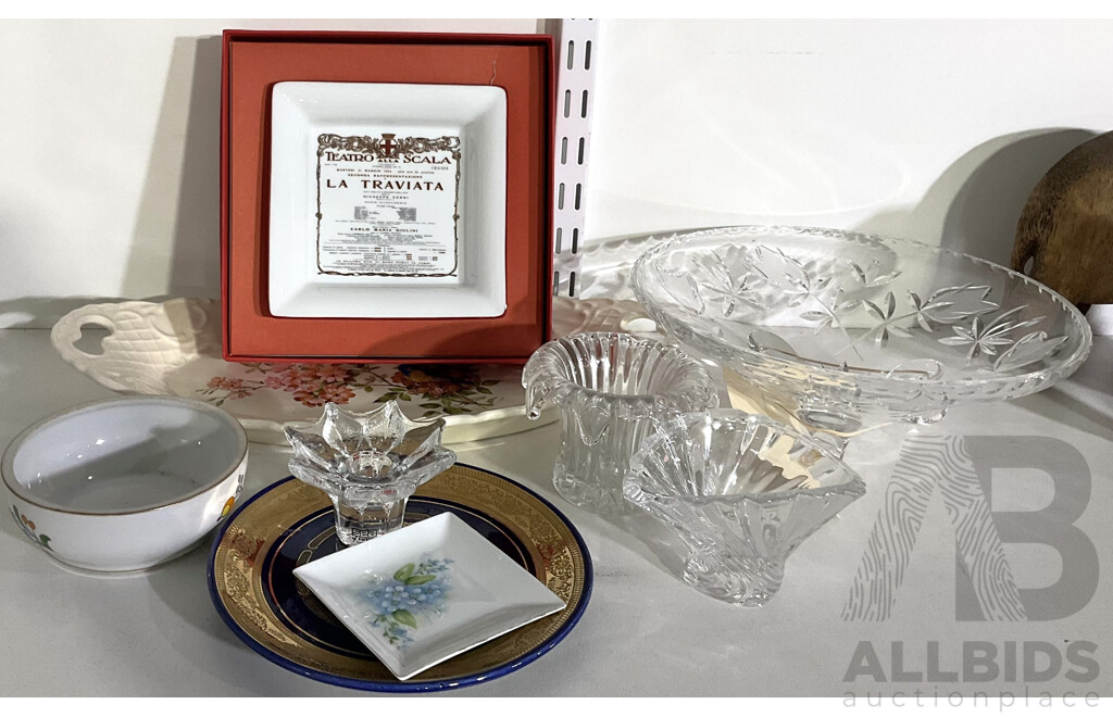 Collection Decorator Items Including Hand Painted Kologsa Bowl, Hand Painted Square Pin Dish by Doris Bell, Sew Sweden Glass Votive, La Scala PLate in Original Box and More