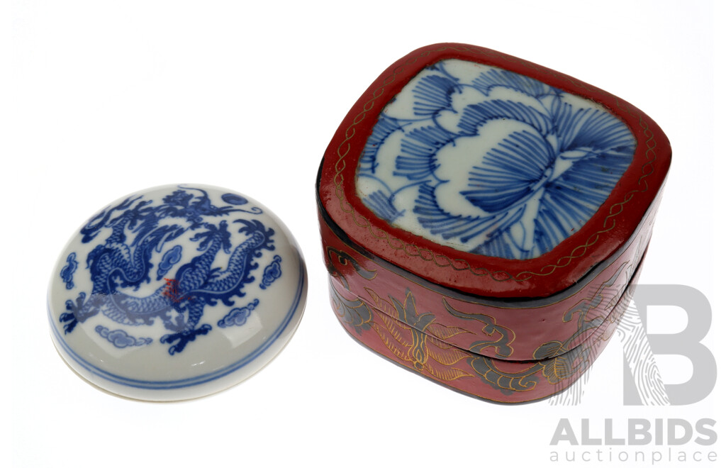 Chinese Lacquer Box with Section of Blue and White Antique Porcleain to Lid Along with Small Dragon Themed Wax Pot