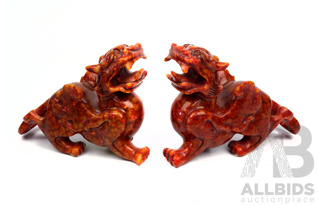 Pair Chinese Hand Carved Red Hard Stone Dragons