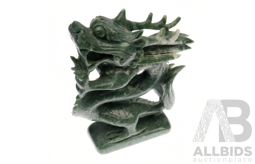 Chinese Hand Carved Green Hard Stone Dragon