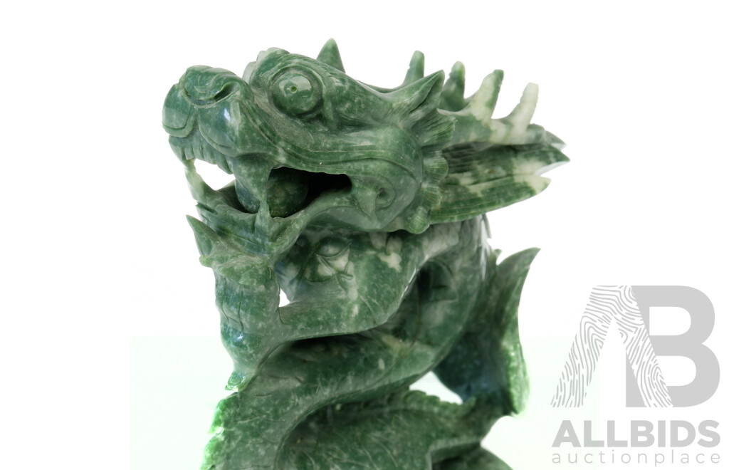 Chinese Hand Carved Green Hard Stone Dragon