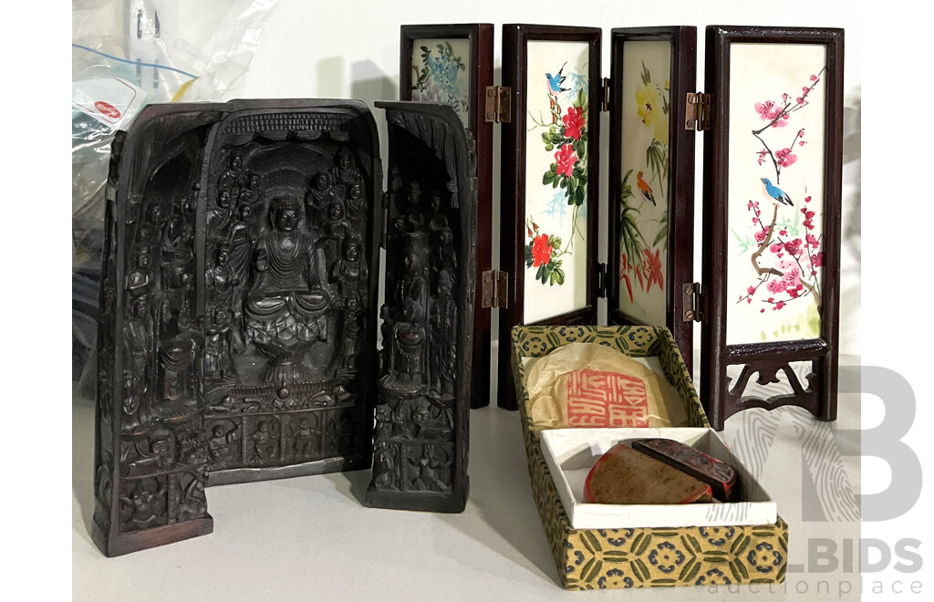 Collection Chinese Items Including Resin Buddhist Portable Shrine, Hand Painted Miniature Screen and More