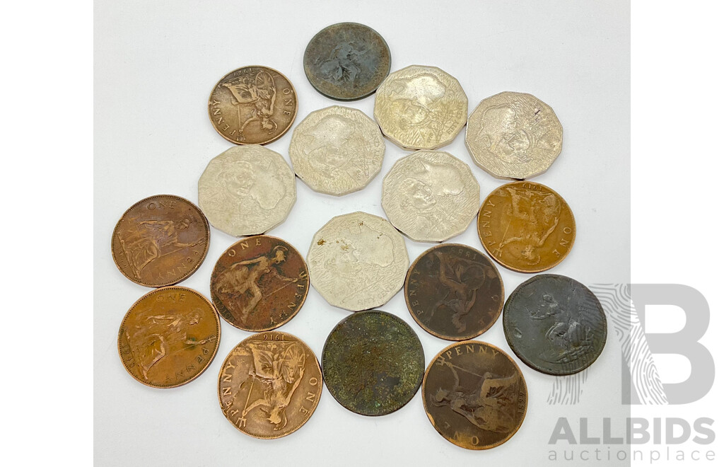 Australian 1970 Captain Cook Fifty Cent Coins(6) and United Kingdom Pennies Years 1799, 1868, 1879, 1888, 1899, 1910, 1916, 1919, 1927, 1944, 1948