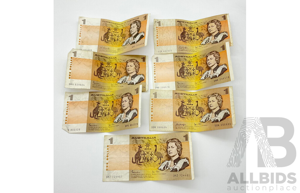 Collection of Australian One Dollar Notes Including Johnstone/Stone, Knight/Stone, Coombs/Wilson (7)
