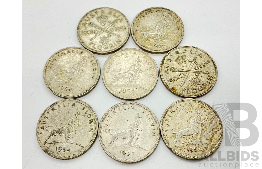 Australian Commemorative Florins, 1951(2) and 1954(6) .500 Silver