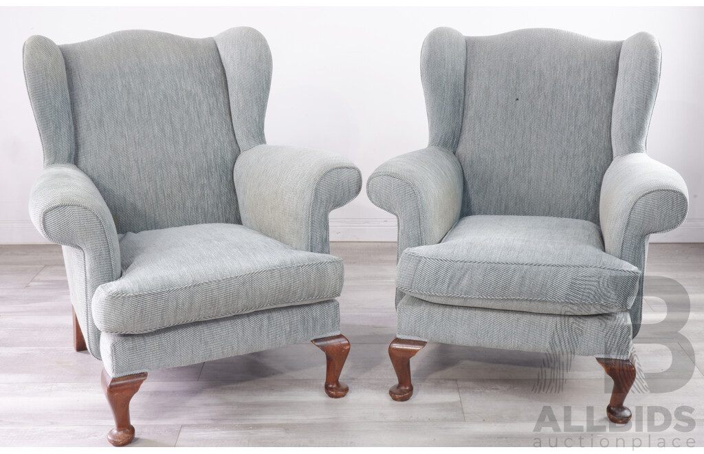 Pair of Wingback Armchairs with Teal Herringbone Upholstery