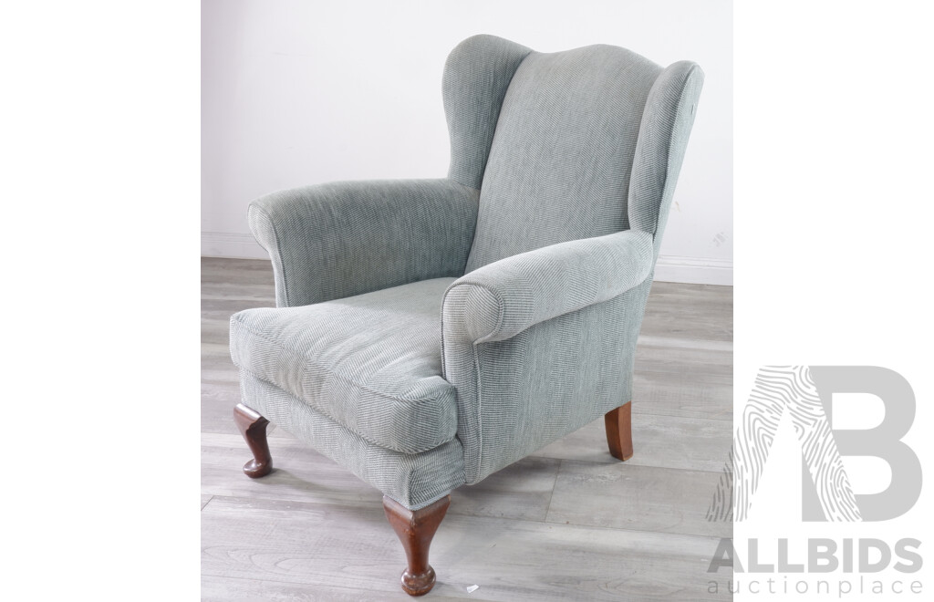 Wingback Armchair with Teal Herringbone Upholstery