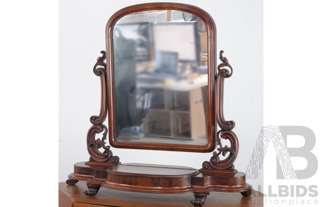 Victorian Flame Mahogany Toilet Mirror with Carved Scrollwork Frame