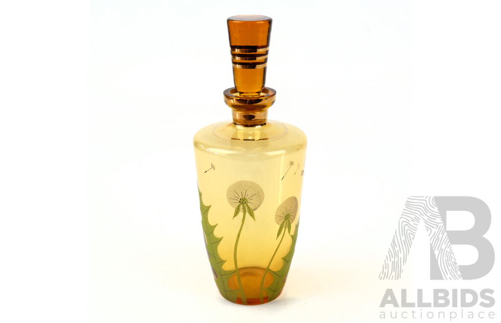 Vintage Czech Glass Decanter with Stopper and Dandelion Motif
