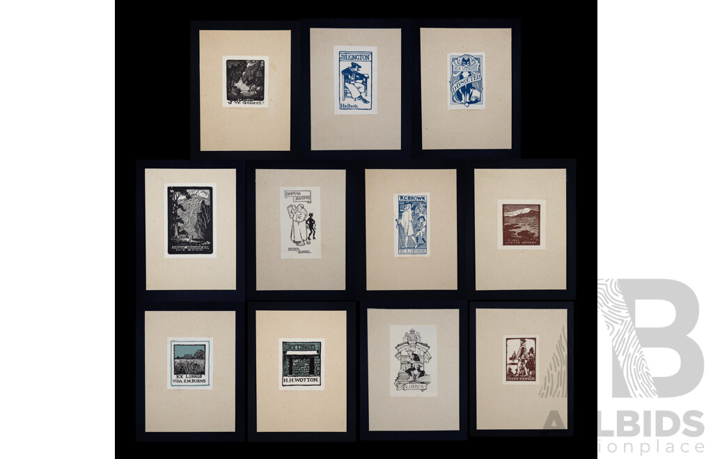 Folio of Ten Bookplates Etchings by Norman Lindsay, Lionel Lindsay, Sydney Ure Smith and Others