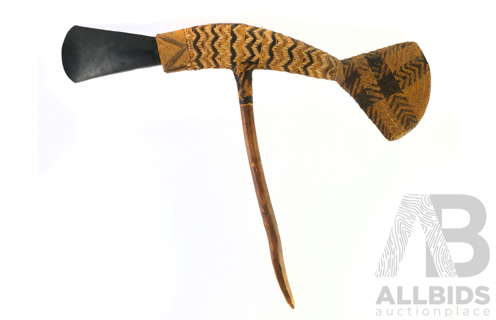 Vintage Mount Hagen PNG Hand Made Ceremonial Axe with Rattan Weave Detail and Green Stone Head