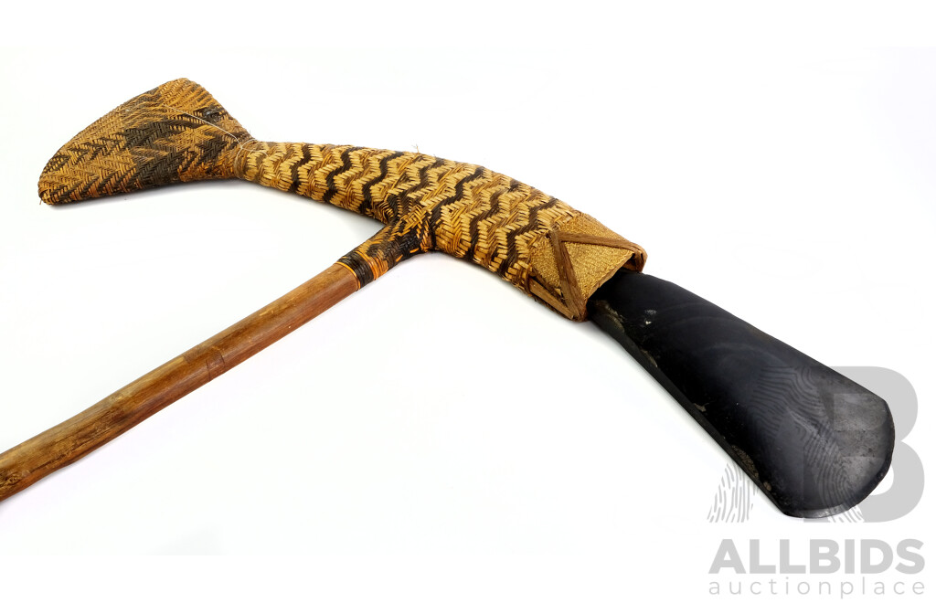 Vintage Mount Hagen PNG Hand Made Ceremonial Axe with Rattan Weave Detail and Green Stone Head