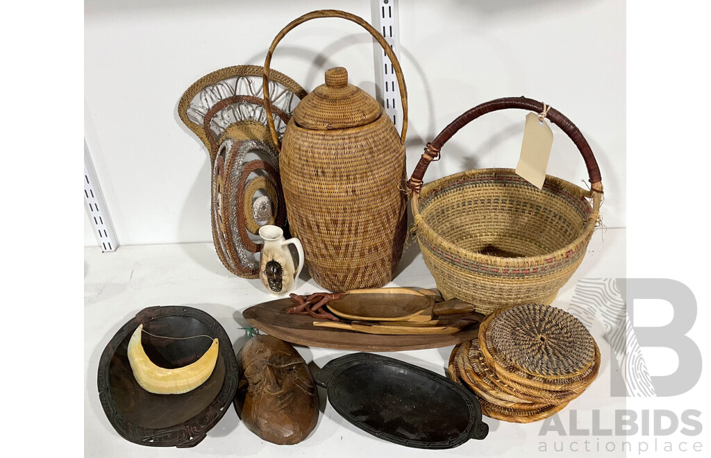 Collection TRibal Items, Mostly PNG Including Woven Cane Abelam Yam Mask, Two Macassar Ebony Trobriand Island Bowls, Kina Shell Breast Necklace and More