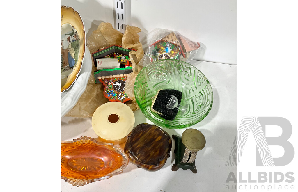 Collection Vintage and Retro Items Including Two German Clocks, Grindley Wash Basin and Jug, Marigold Carnivall Glass Dish and More