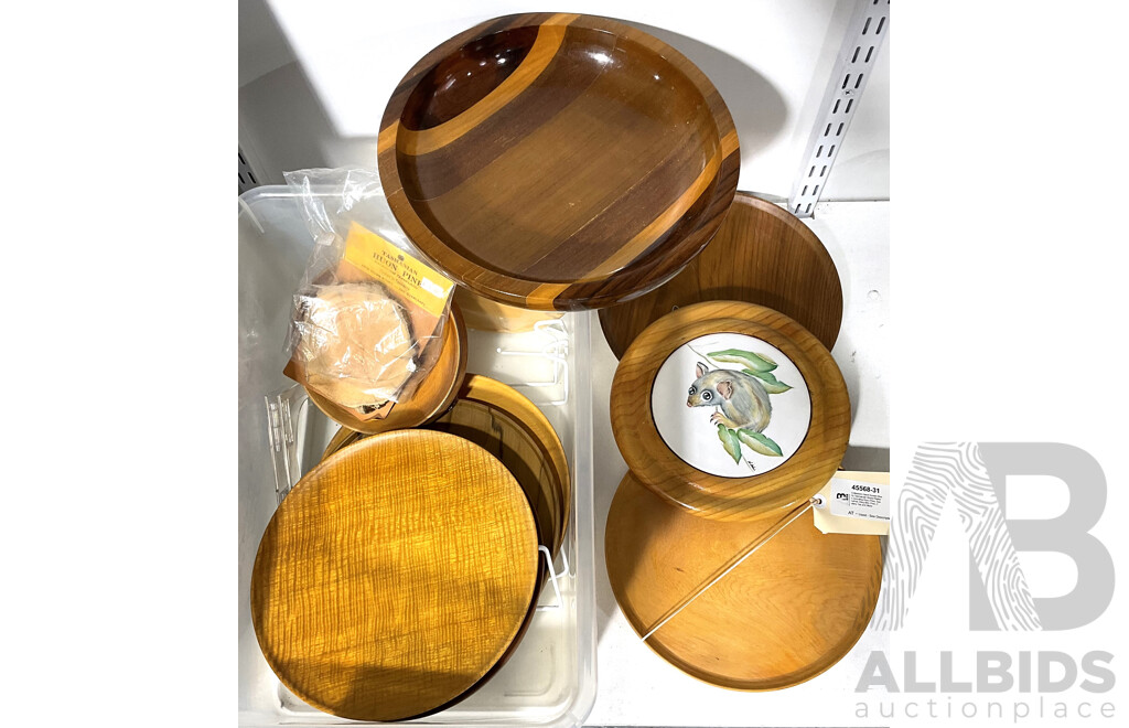 Collection Hand Turned Mostly Tasmanian Wood Platters Including Huon Pine, Sassafras, King Billy PIne, Celery Top and More