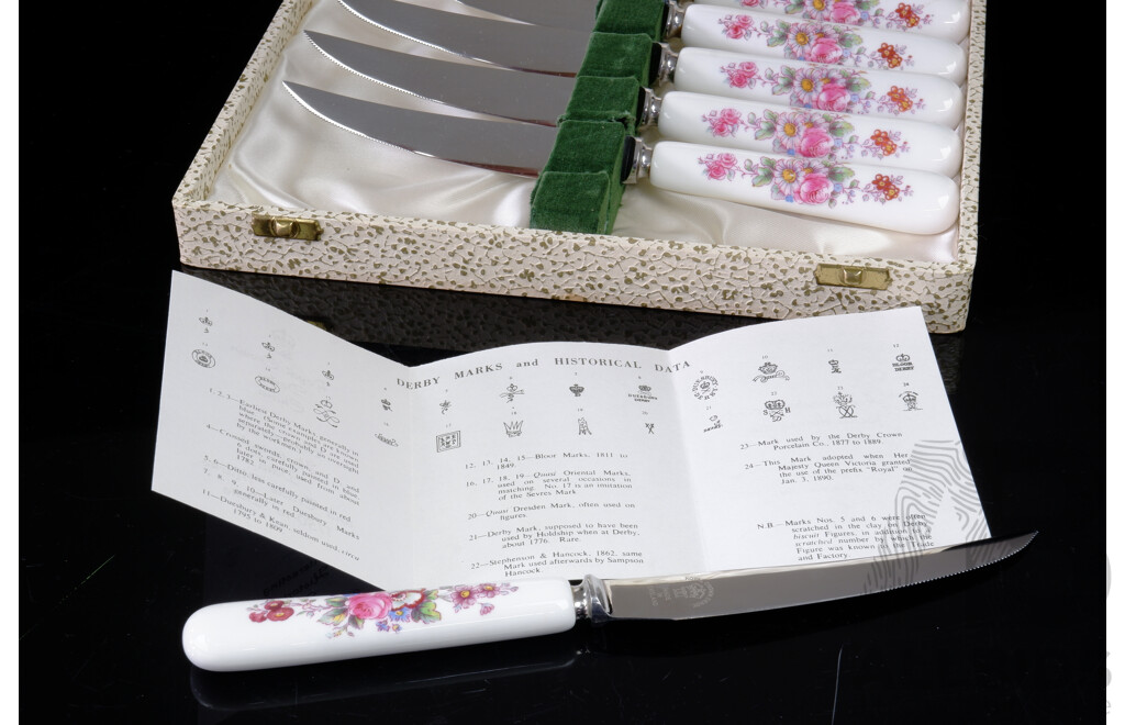Set Six Royal Crown Derby Porcelain Handled Knives in Original Case