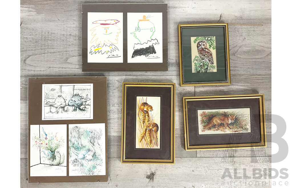 Framed Postcards Including Picasso & Ronald Searle Together with Three Framed Cash's Woven Pictures (5)