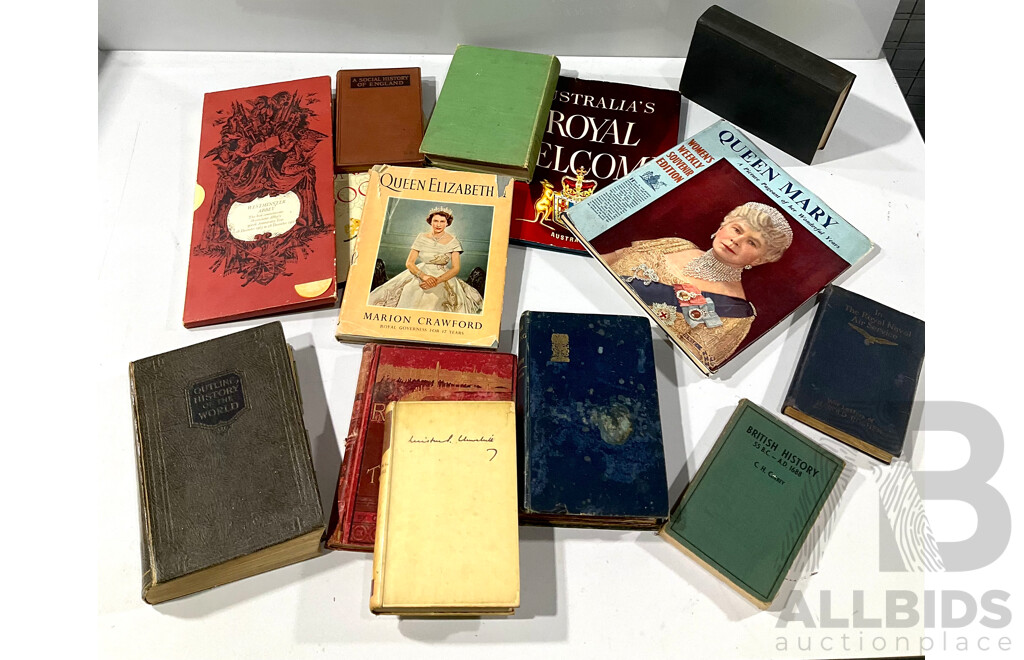 Collection Books Mostly Relating to English History, the Royal Family Including Their Finest Hour by Churchill, in the Royal Navy Service by Harold Rosher and More