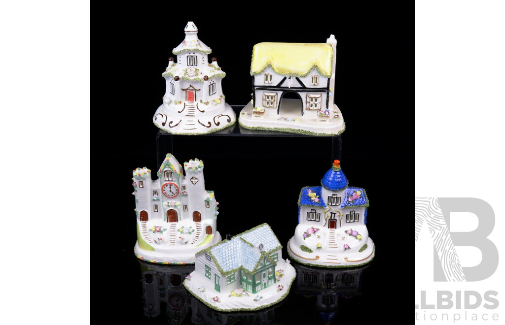 Collection Five Coalport Porcelain Hand Painted Cottages Including Cricket Pavilion, Clock Tower and More