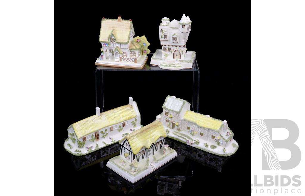 Collection Five Coalport Hand Painted Porcelain Cottages Including the Masters House, Tyrolean Castle and More