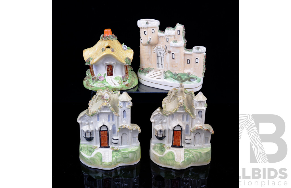 Collection Four Vintage Staffordshire Hand Painted Porcelain Cottages Including Three Flatback Examples