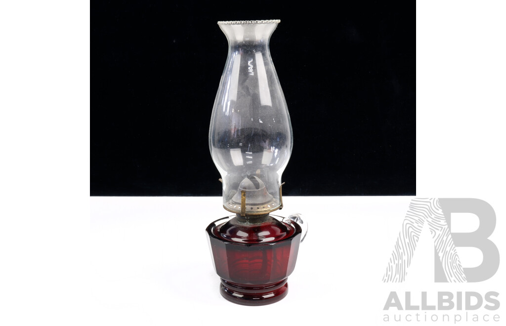 Antique Oil Lamp with Ruby Glass Base