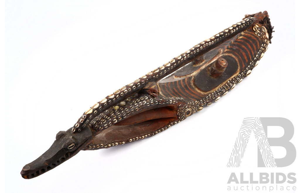 Vintage PNG Eask Sepik Mwai Mask with Polychrome Decoration, Cowrie Shell Detail and Crocodile Motif to Base