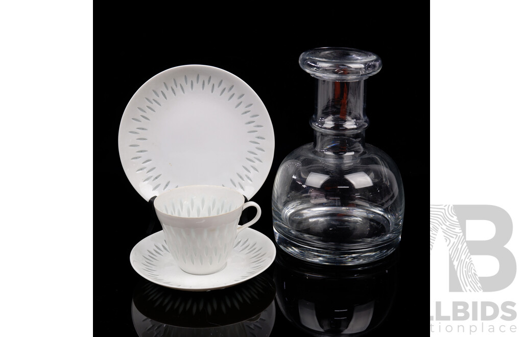 Retro Arabia Rice Grain Porcelain Trio by Friedl Holzer Kjellberg Along with Finnish Nuutajarvi Glass Decanter with Lid
