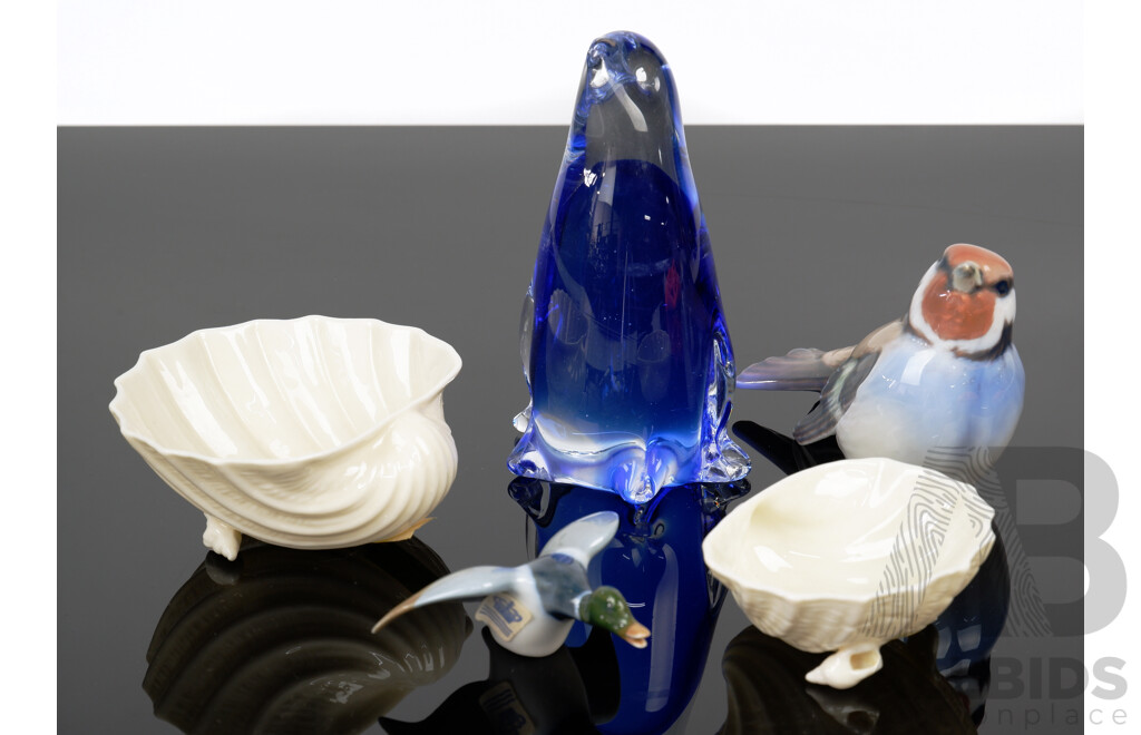 Collection Quality Pieces Including Royal Copenhagen Porcelain Duck & Blue Tit, Two Irish Belleek Scallop Form Examples and More