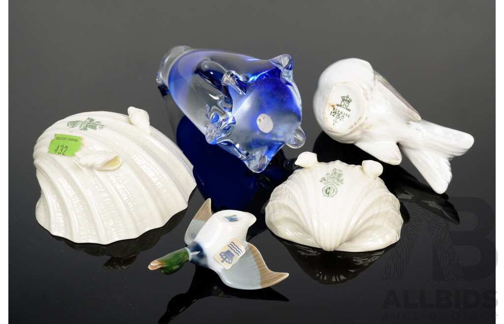 Collection Quality Pieces Including Royal Copenhagen Porcelain Duck & Blue Tit, Two Irish Belleek Scallop Form Examples and More